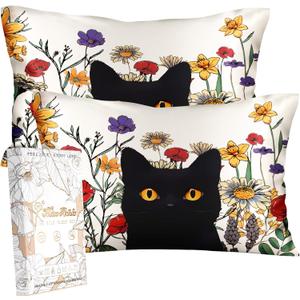 2 Pack Silk Pillowcase - Standard Size 20 x 26 Inch Silky Pillow Case for Hair and Skin Soft Cute Aesthetic Bed Sleeping Pillow Cover with Zipper for Women, Cat in Grass