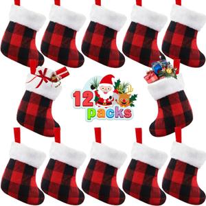 XIMISHOP 12PACK Mini Christmas Stockings 7 Double Side Xmas Red Buffalo Plaid Fireplace Hanging Stocking with Plush Cuff for Christmas Tree Decor