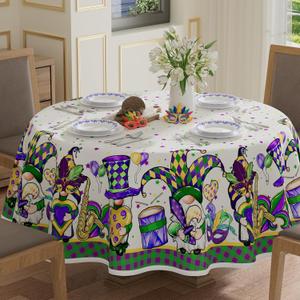 XCHI Plaid Gnomes Masks Iris Fleur De Lis Mardi Gras Tablecloth Round Carnival Table Cloth Washable Table Covers for Indoor Dining Home Party Decorations 60x60 Inch