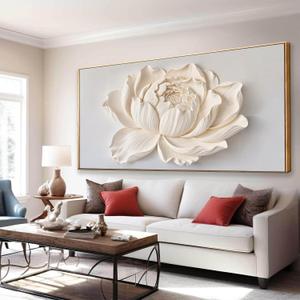 Large Framed Canvas White Flower Wall Art For Living Room 29" X 58"