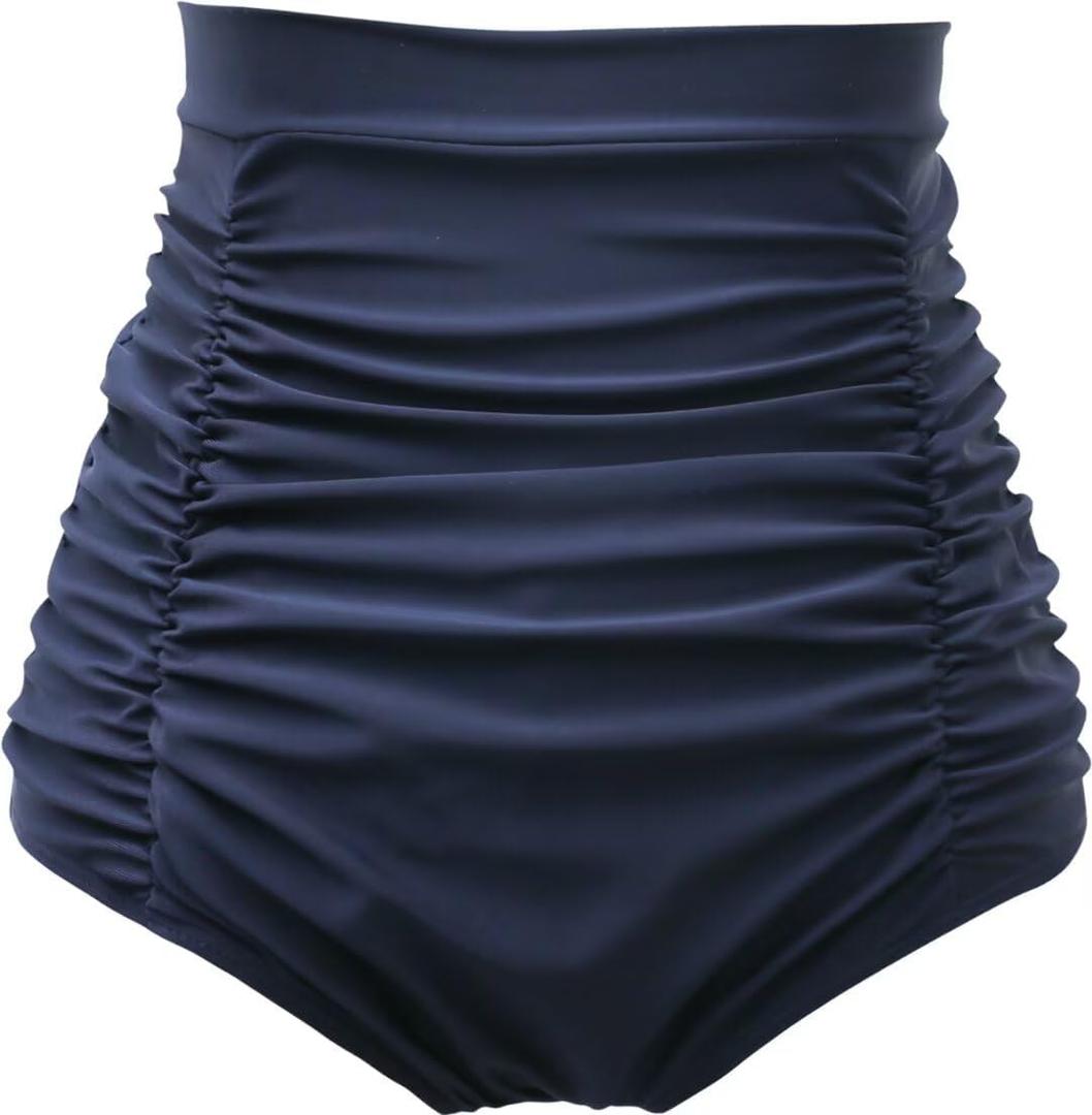 COCOPEAR Women's Ruched High Waisted Bikini Bottom Retro Vintage Swim Short Tankinis (Medium, Navy)