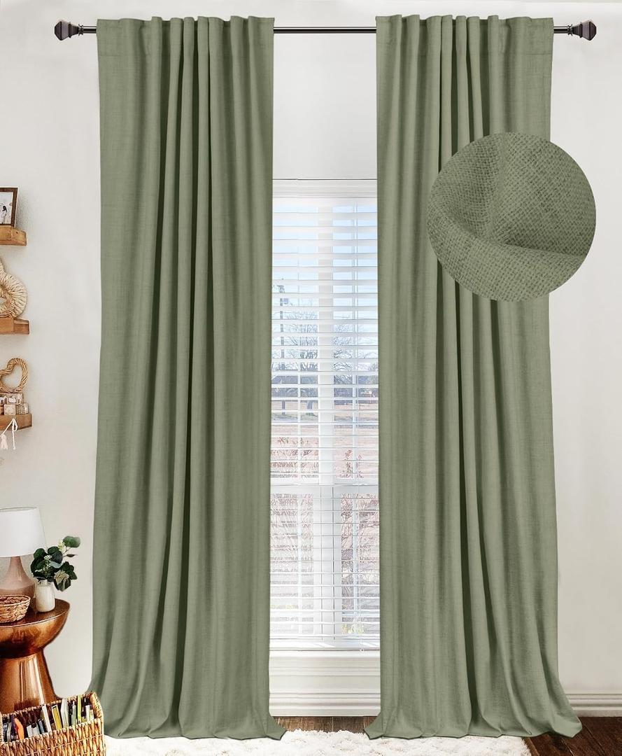 100% Blackout Shield Linen Blackout Curtains for Bedroom 96 Inches Long, Back Tab/Rod Pocket Living Room Drapes, Thermal Insulated Blackout Curtains 2 Panels Set, 50" W x 96" L, Light Sage