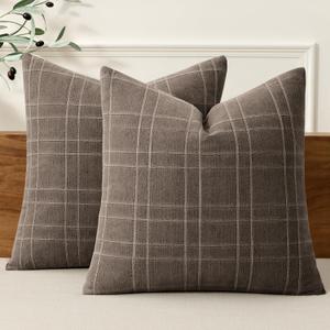 MIULEE Decorative Linen Check Euro Shams Throw Pillow Covers Neutral Farmhouse Vintage Pillow Covers 24x24 Set of 2 Boho Modern Winter Home Decor for Sofa Couch Bedroom Cushion Brown