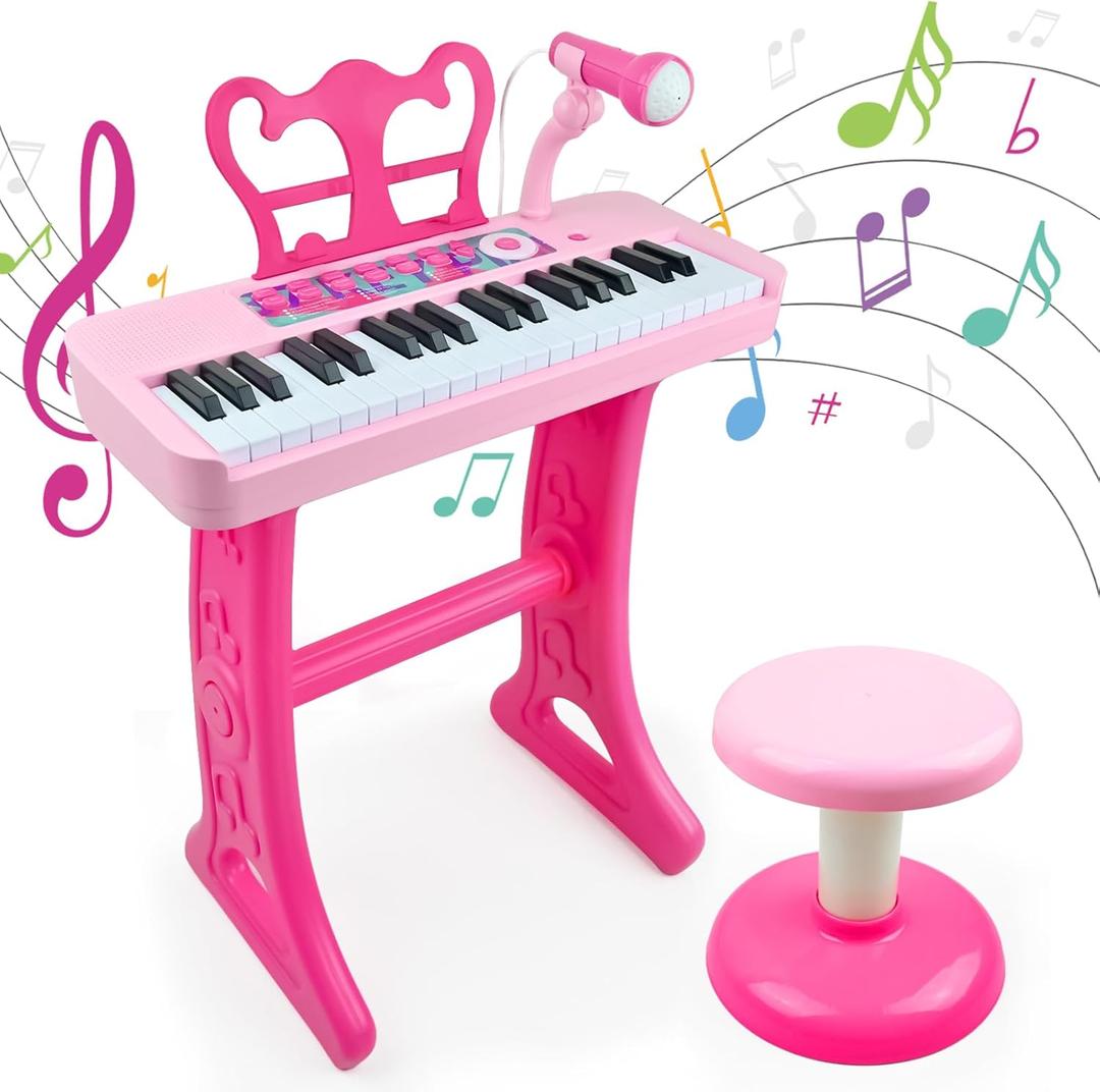 Love&Mini Kids Keyboard Toys for Girls - 37 Keys Pianos Toy with Stool and Microphone Pink Electronic Musical Instrument, Christmas Birthday Gift for Kids 3 4 5 6 7 8 Years Old Boy and Girl