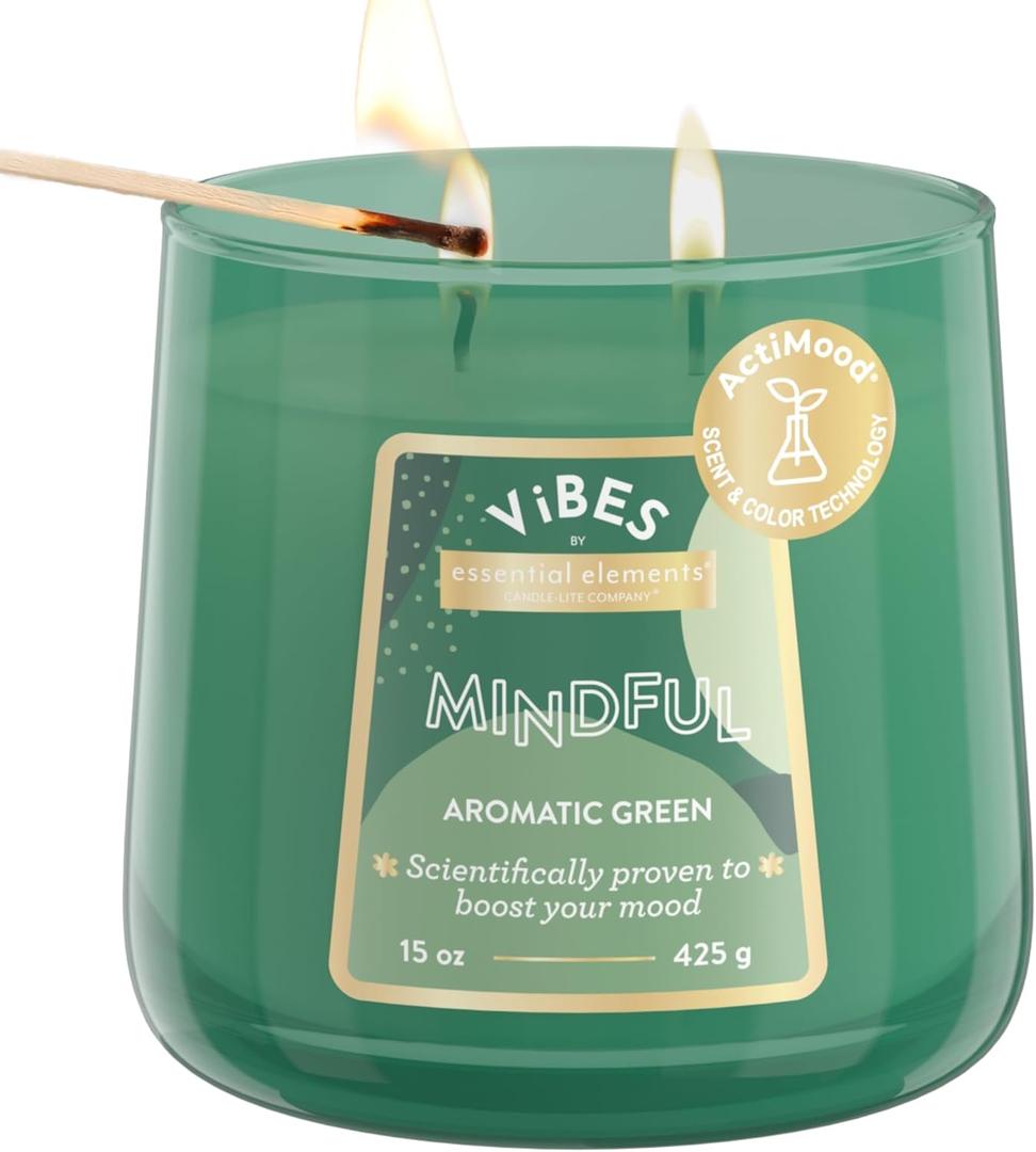 Candle-Lite Vibes Aromatic Green Mood-Enhancing Scented Candles, 15 oz Jar, Aromatherapy, Proudly Poured in The USA, 2-Wick, 86 Hours Burn Time, Perfect Relaxation Gift (Mindful (NEW))