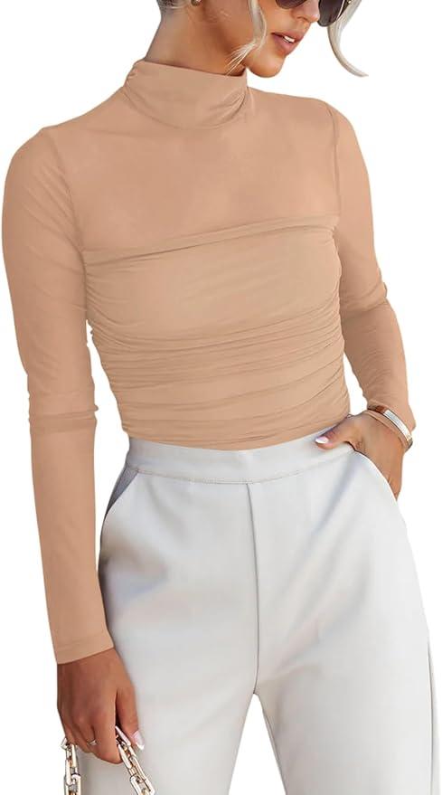 REORIA Womens Trendy Sexy Mock Turtle Neck Long Sleeve Sheer Mesh Ruched Going Out Bodysuits Tops (Medium, Nude)
