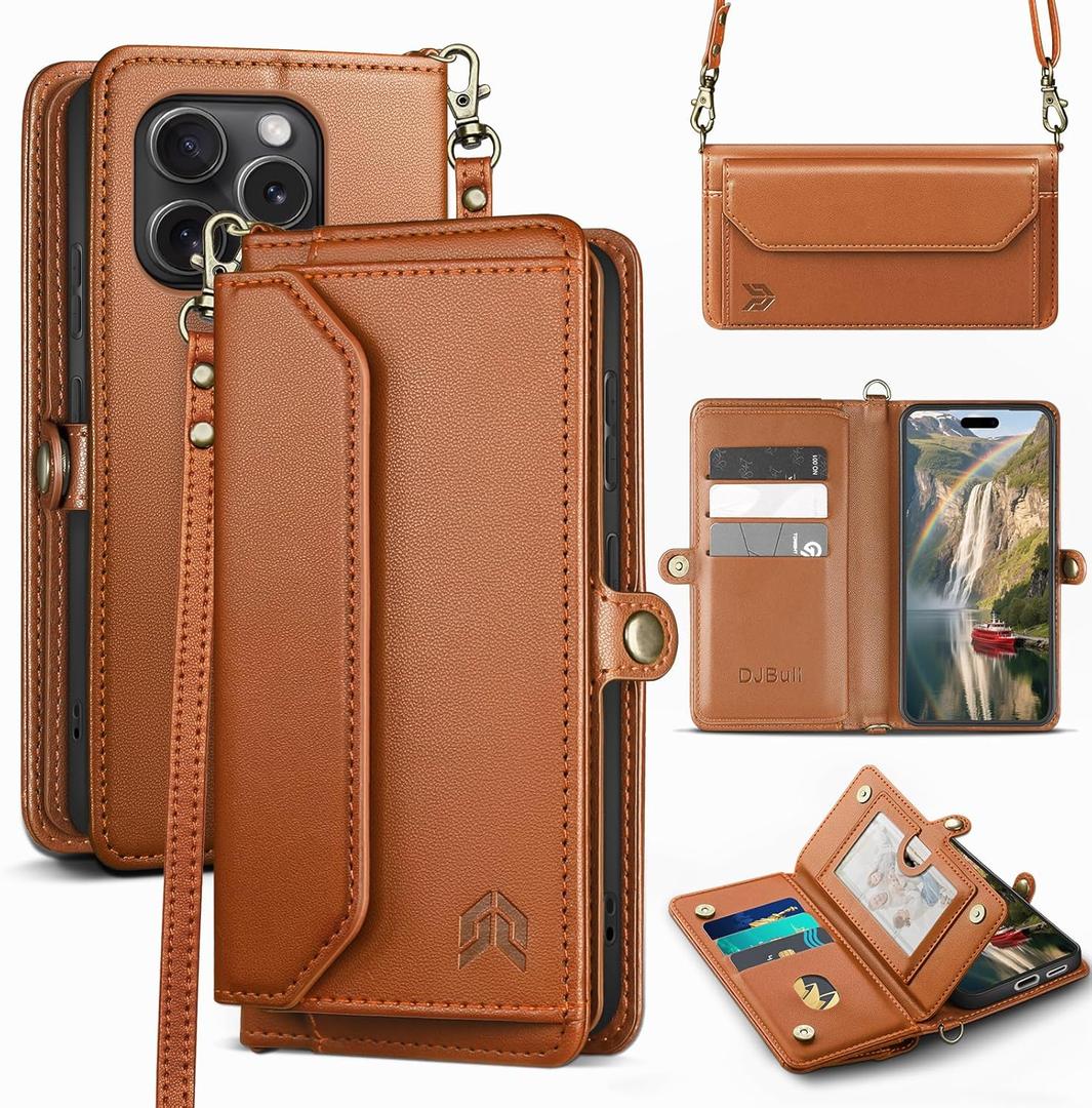 DJBull for iPhone 16 Pro Max 6.9" Wallet Case with Card Holder, Shoulder and Wristlet Straps, Soft PU Leather, Magnetic Snap, Flip Phone Case for Women Men for Apple 16 Pro Max Light Brown