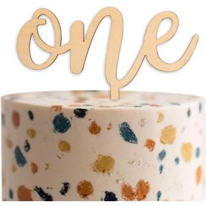 One Wooden Cake Topper - Baby First Birthday Party Cake Decorations Supplies, 1st Birthday/Baby Shower/Anniversary Milestone Sign Cake Topper, Birthday Party Celebration Photo Props