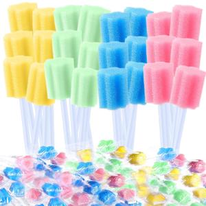 TrelaCo 500 Pcs Toothettes Oral Swabs Bulk Disposable Mouth Cotton Swabs Multicolor Sponge Individually Wrapped for Elderly Adults Oral Cavity Mouth Cleaning (Plum Blossom)