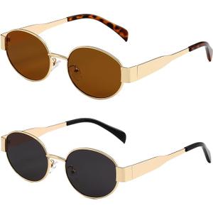 2 Pack Trendy Oval Sunglasses for Women Retro Designer Gold Sun Glasses Classic Metal Frame Shades 90s