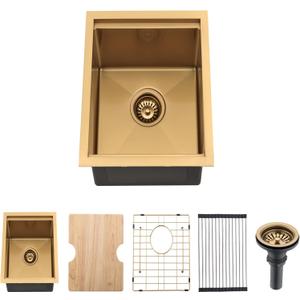 13 Inch Undermount Gold Bar Sink Workstation,13x18 Bar Sink Undermount Gold Stainless Steel Small Kitchen Sinks 18 Gauge Single Bowl Kitchen Wet Bar Sinks with Accessories