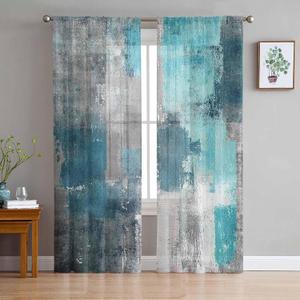 Turquoise Blue Grey Sheer Curtains 84 Inch Length 2 Panels Set for Living Room/Bedroom, Teal Abstract Art Painting Semi Curtain Sheers Drapes Rod Pocket Curtains Window Treatment Set