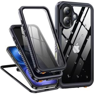for iPhone 16 Case Waterproof, Built-in Privacy Screen & HD Screen Double Front Frame [IP68 Underwater] Shockproof Dustproof Full Body Protection iPhone 16 Phone Case Black