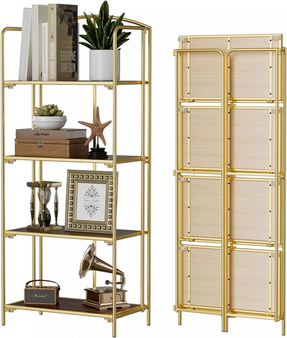 Crofy No Assembly Folding Bookshelf for Living Room, 4 Tier Gold Collapsible Book Shelf for Home Office, Portable Bookcase Storage Organizer