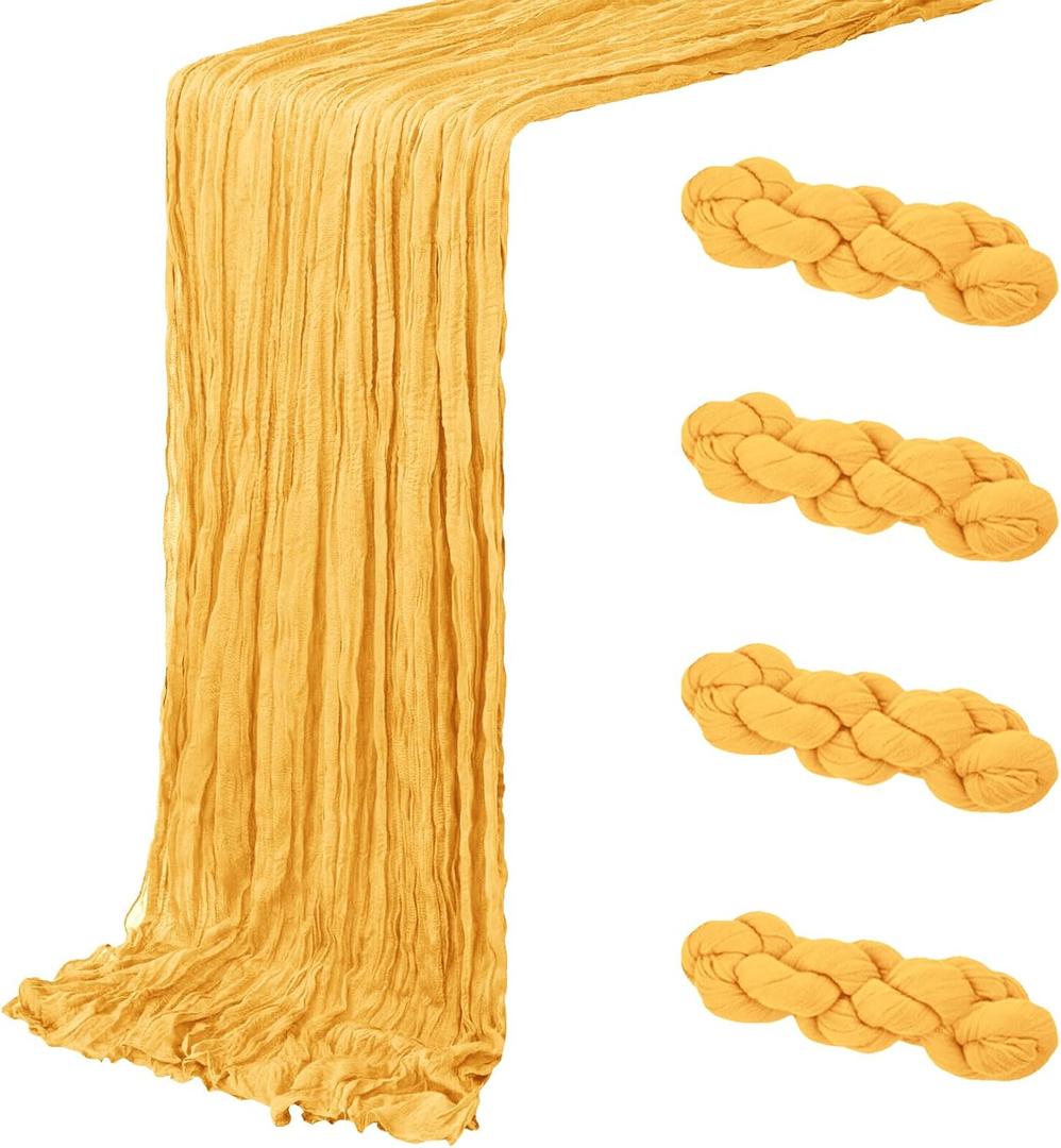 4 Pack Gold Cheesecloth Table Runner 20 x 120 inch Gauze Table Runners 10 FT Long,Semi Sheer Cheese Cloth Fabric Table Runner Bulk for Wedding,Party,Baby Shower,Bridal Shower Decoration