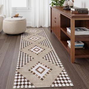 2x6 Checkered Boho Bathroom Hallway Runner Rug Non Slip, Washable Kitchen Runners for Hallways, Checkerboard Accent Indoor Throw Carpet for Entryway Laundry Room Bedroom (2 x 6,Khaki)