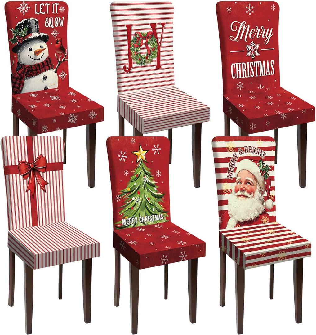 Christmas Chair Covers Set of 6 Xmas Tree Snowman Let It Snow Stretch Dining Chair Slipcovers Washable Removable Seat Cover Protector Christmas Decorations for Dining Room Kitchen Home Party