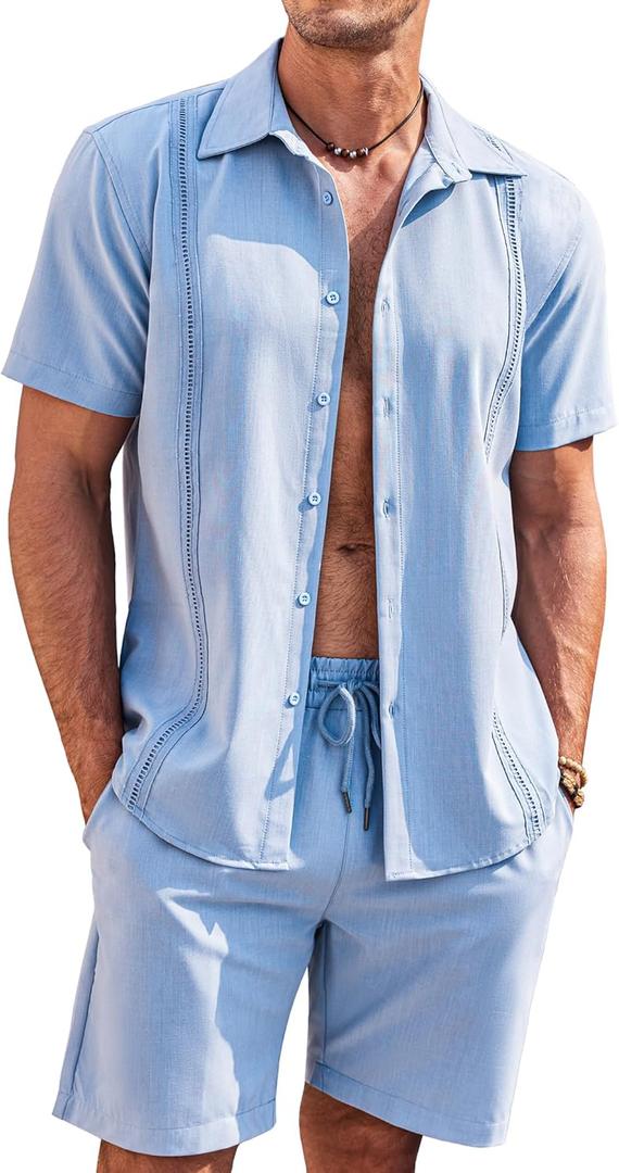 COOFANDY Men's 2 Piece Short Set Cuban Guayabera Shirts Short Sleeve Casual Beach Outfits Set (Blue)