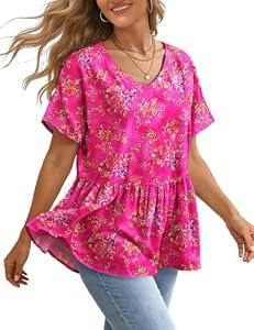YESNO Women's Summer Tops Casual V Neck Babydoll Blouses Floral Short Sleeve Peplum Shirts L TH2 CR026