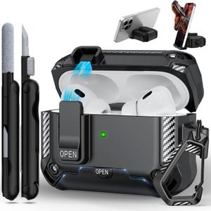 Polislime Compatible with AirPods Pro 2nd/ 1st Generation Case with Phone Stand, Full Drop Protection Automatic Snap Switch Design with Cleaner Kit for iPod Pro Charging (USB-C/ Lightning Cable)
