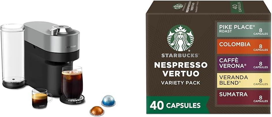 Nespresso Vertuo Pop+ Deluxe Coffee and Espresso Maker by Breville, Titan + Starbucks Capsules, Vertuo Line