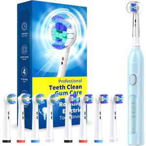 TEETHEORY Rotating Electric Toothbrush for Adults with 8 Brush Heads (2 Types), 4 Modes Deep Clean Electric Toothbrush with Rechargeable Power and 2 Min Smart Timer (7-SkyBlue, p1)