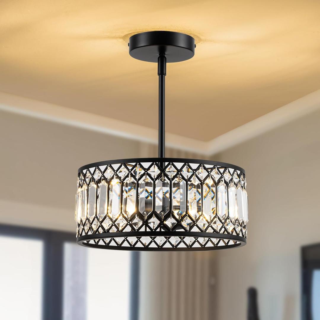 2-Light Crystal Ceiling Light Fixture, Modern Semi Flush Mount Ceiling Light, Black Crystal Chandelier for Kitchen Bedroom Bathroom Entryway Hallway (Black7)