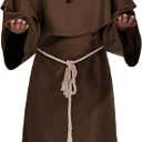 Medieval Hooded Monk Robe Costume Friar Priest Robe Cloak Renaissance Costume Men Cosplay Halloween Costume Wizard Robe (X-Large, Brown)