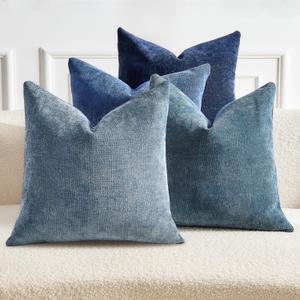 Pack of 4 Throw Pillow Covers 18x18 Inch Chenille Textured Neutral Blue Soft Pillow Covers Solid Decorative Farmhouse Cushion Covers Home Boho Decor for Couch Sofa Bed Living Room