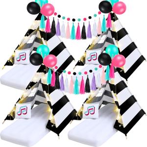 Windyun 4 Pack Teepee Tents for Kids Slumber Party with Air Mattress,Light,Pillows,Music Theme Sleepover Tents for Girls Party,Natural Cotton Kids Teepee for Indoor Outdoor, 5.25 ft x 5.25 ft x 5.15 ft
