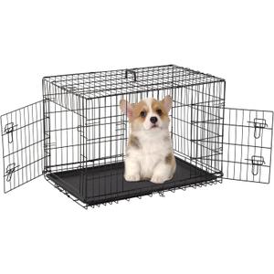 FDW Dog Crate for Medium Dogs 30 Inch Folding Metal WirePet Cage Double Door W/Divider Panel Indoor Outdoor Kennel Leak-Proof Plastic Tray,Black