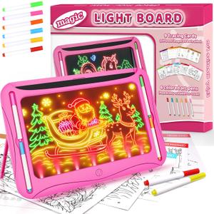 Magic LED Drawing Board for Kids, Toys for Girls Glow in the Dark, Light Up Tracing Pad with 9 Dual-Sided Card, 6 Marker, Doodle Writing Tablet Toddler Learning Toy, Art & Craft Kit Xmas Birthday Gift (Pink)