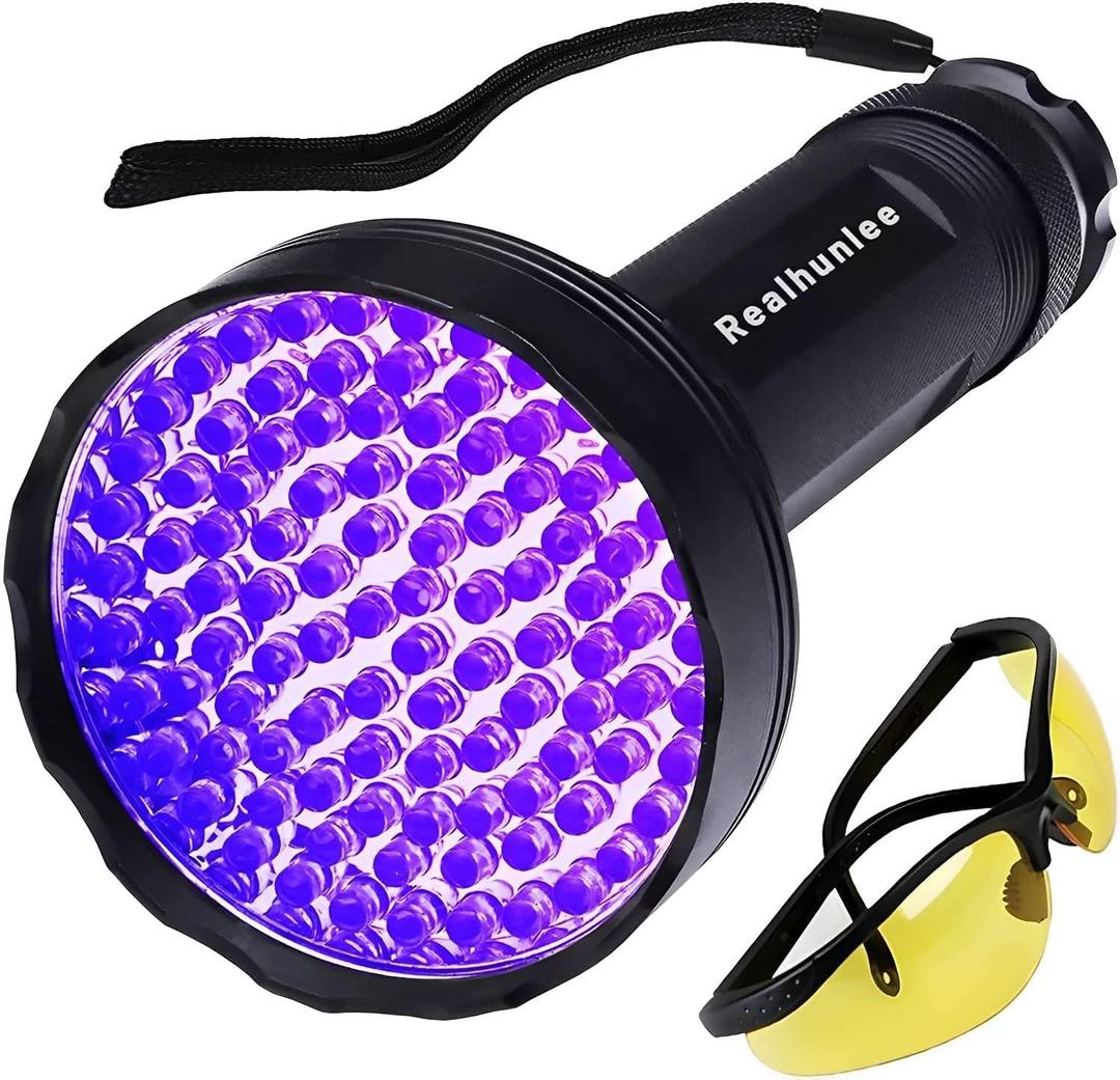 UV Flashlight Black Light, Ultra Bright 100 LED 395 nM Ultraviolet Blacklight Detector with UV Protective Glasses for Dry Pet Dog Cat Urine Stains, Bed Bug, Scorpions Matching with Pet Odor Eliminator