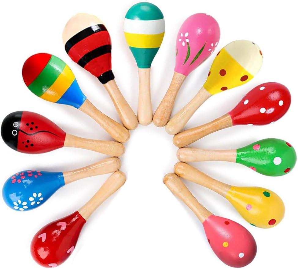 Mydio 12 Pack 4.5" Wooden Fiesta Maracas Assorted Color and Design,Pack of 12
