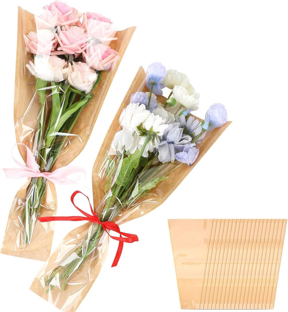 Flower Wrapping Bags Kraft Paper Flower Sleeves for Bouquets Flower Bags for Birthday Wedding Graduation Gift, Florist Wrap Supplies 9.8x17.9 Inch