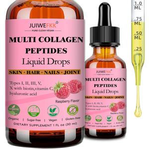 Multi Collagen Peptides Liquid Drop Organic Hydrolyzed Collagen Complex w. Biotin, Vitamin C & Hyaluronic Acid, Liquid Collagen Types I, II, III, IV, V for Hair, Skin, Nails & Joint Health