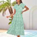 GRACE KARIN Women's Floral Boho Dress Hawaiian Dresse Short Sleeve V Neck Summer Beach Wedding Guest Swing Maxi Sundress (Green, L)