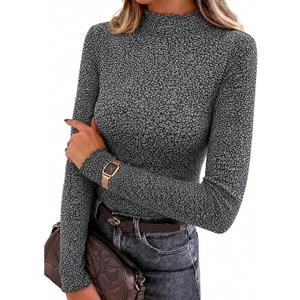 Womens Mock Neck Long Sleeve Tops Leopard Print Knit Slim Fit Shirt Ruffled Lettuce Trim Elegant Layering Tee (L)
