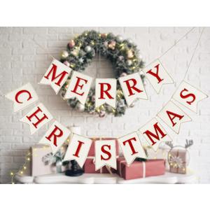 Whaline Christmas Burlap Banner Felt Merry Christmas Banner Pre-Assembled White Red Xmas Bunting Garland Celebration Hanging Decorations for Christmas Party Supplies Home Decoration