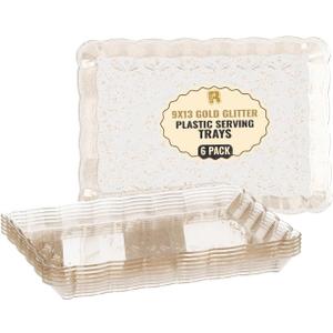 6 Pack Gold Glitter Plastic Serving Trays for Party, 9 x 13 Inch - Heavy Duty Plastic Gold Trays for Food - Rectangular Party Serving Platters