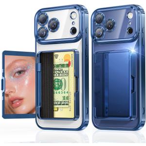 Meifigno Designed for iPhone 17 Pro Max Case Wallet (3-4 Cards & Cash), Built-in Mirror & Kickstand, Surround Raised Lens Protection, for 17 Pro Max Case with Card Holder for Women (6.9"), Deep Blue