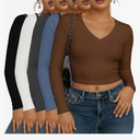 5 Pack Womens Long Sleeve Shirts V Neck Ribbed Slim Fitted Basic Crop Tops Fall Fashion 2025 Going Out Y2k Tops M