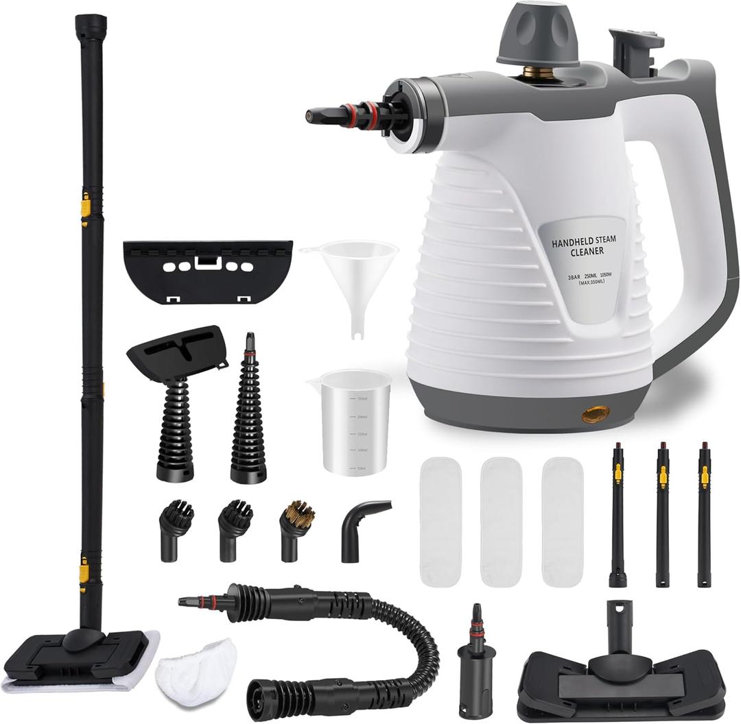 Spurgehom Handheld Steam Cleaner, Portable Steamer with Mop, 350ml Large Capacity,16-Piece Accessory Set for Floor, Car, Carpet, Upholstery, Couch, Tile, Windows Cleaning