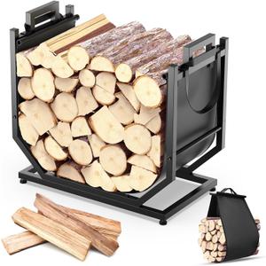 Firewood Rack, Indoor/Outdoor Firewood Holder with Firewood Carrier Bag, 25 Inch Thickened Metal Fireplace Log Holder with Adjustable Feet, Black (Medium Size)