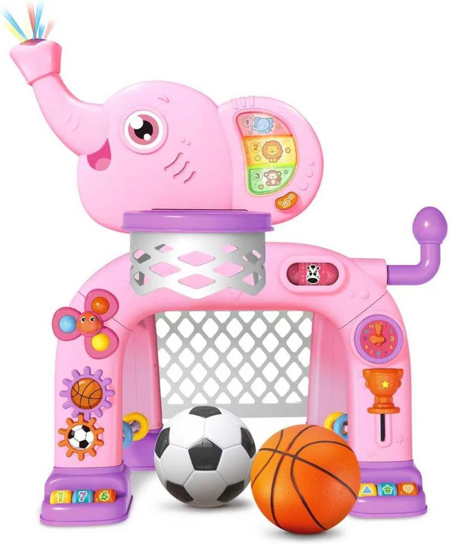 Shemira Toddler Basketball Hoop & Soccer Goal Activity Center Toys with Light & Music,Elephant Toddlers Musical Toys Gift, Baby & Toddlers Christmas Birthday Gift for 1 2 3 Year Old Boys & Girls (Pink)