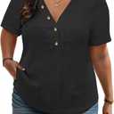 VISLILY Plus-Size-Summer-Tops for Women Henley V Neck T Shirts Short Sleeve Buttons Up Tunics Dressy Eyelet Blouses (Black)