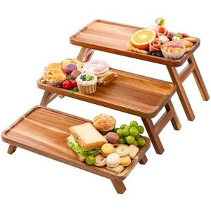 3 Tier Serving Tray 17 Inch Wooden Tiered Tray Stand Foldable Dessert Table Display Set Decor Charcuterie Boards Rustic Wood Platters Trays for Party Food Display