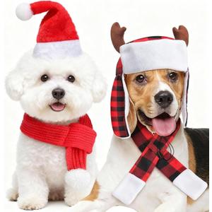 Shihanee 4 Pcs Santa Cap for Dog Christmas Scarf Set for Medium Large Dogs Santa Costume Adjustable Reindeer Antler Buffalo Check Hat with Scarf Winter Holiday Pet Christmas Costume Outfits