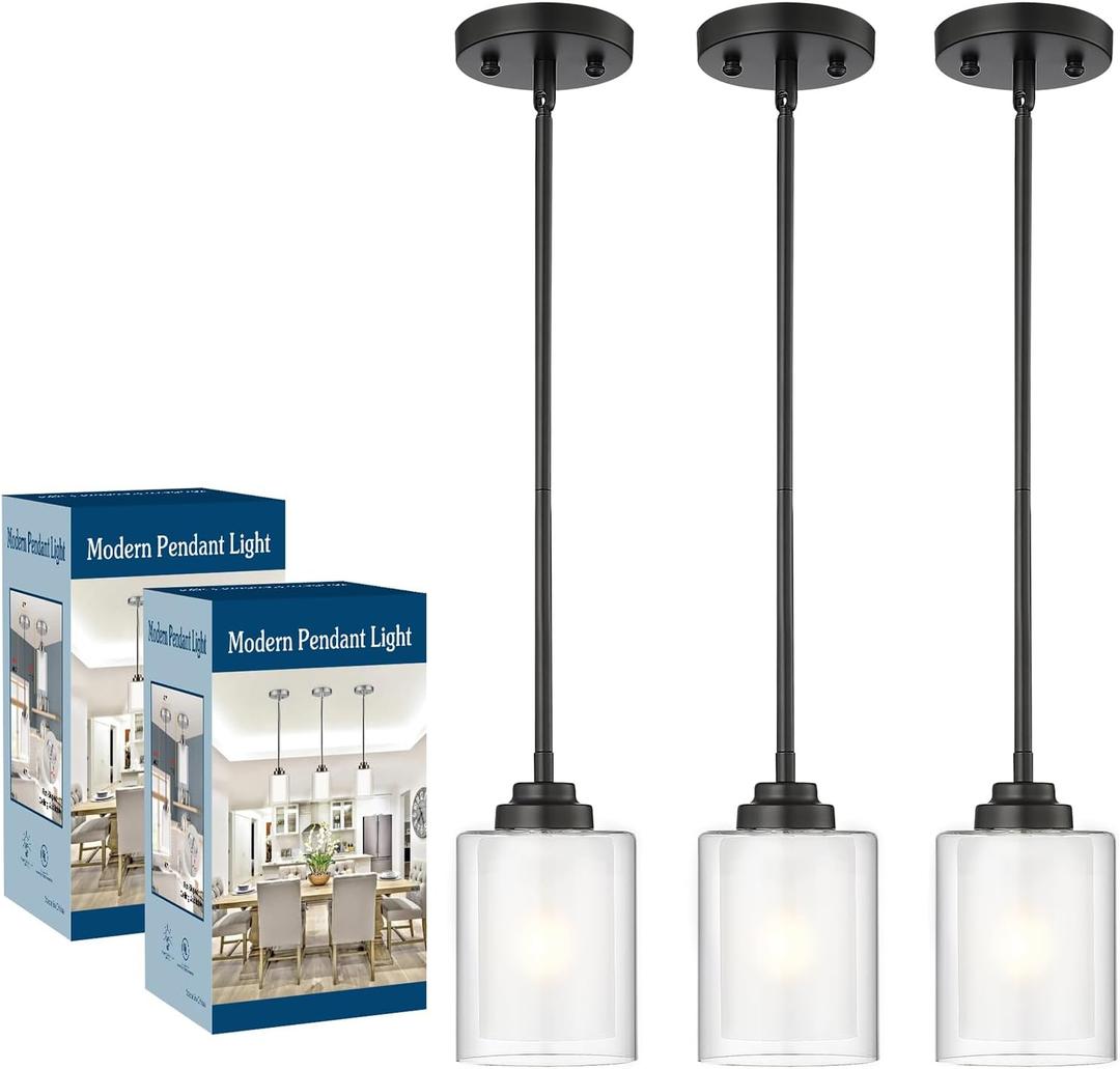 TENGXIN Modern Pendant Light, Matte Black Pendant Lights Kitchen Island,Farmhouse Pendant Lighting for Dining Room Bedroom Bar Office,TXPLBK02,TXPLBK02-2PK
