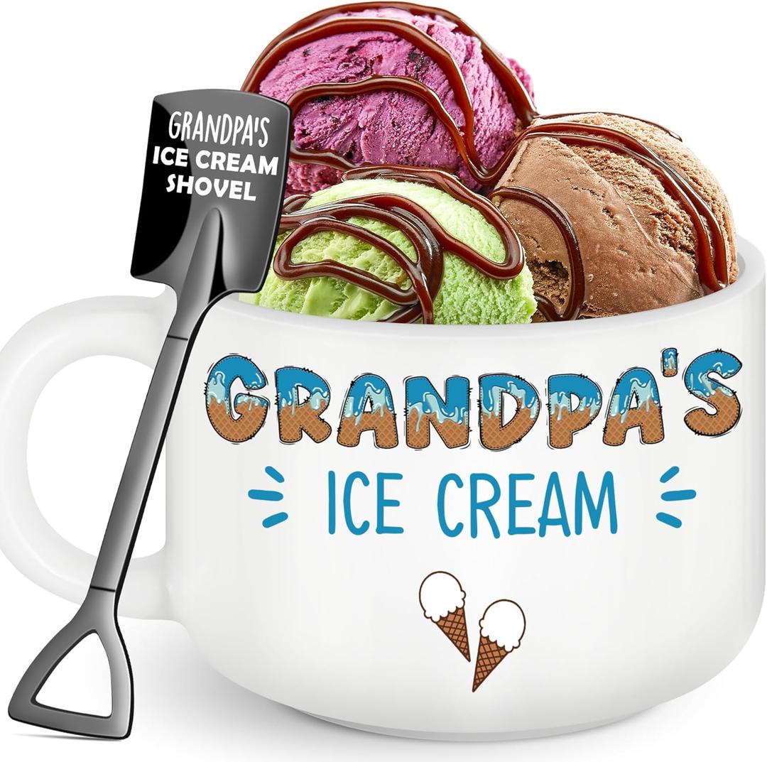 Grandpa Fathers Day Birthday Gifts,Best Grandpa Ever Gifts from Grandkids,Great Grandfather Grandparents Papa Christmas Gift from Granddaughter Grandson,Funny Ice Cream Bowl with Shovel Spoon Set